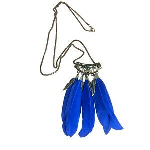 Boho Antique Gold Royal Blue Feather Pendant Necklace Feather Dangles Slide 28"